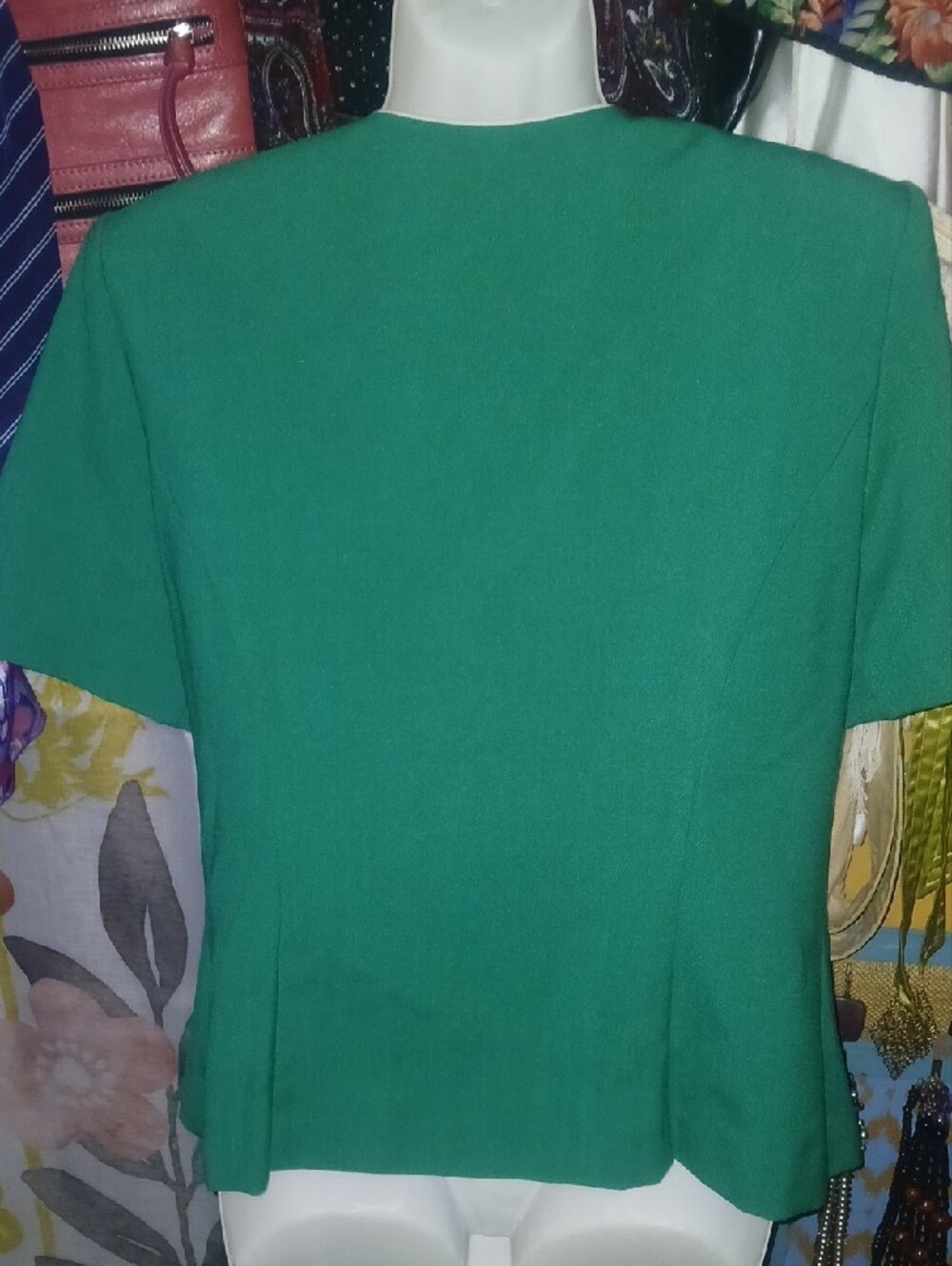 90s Vintage Leslie Fay Emerald Green Short Sleeve Blazer W/ Faux Packet Square - Picture 5 of 9